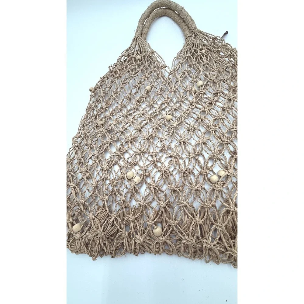 NWT Macrame Wood‎ Bead Tote Bag - Coastal Boho Aesthetic